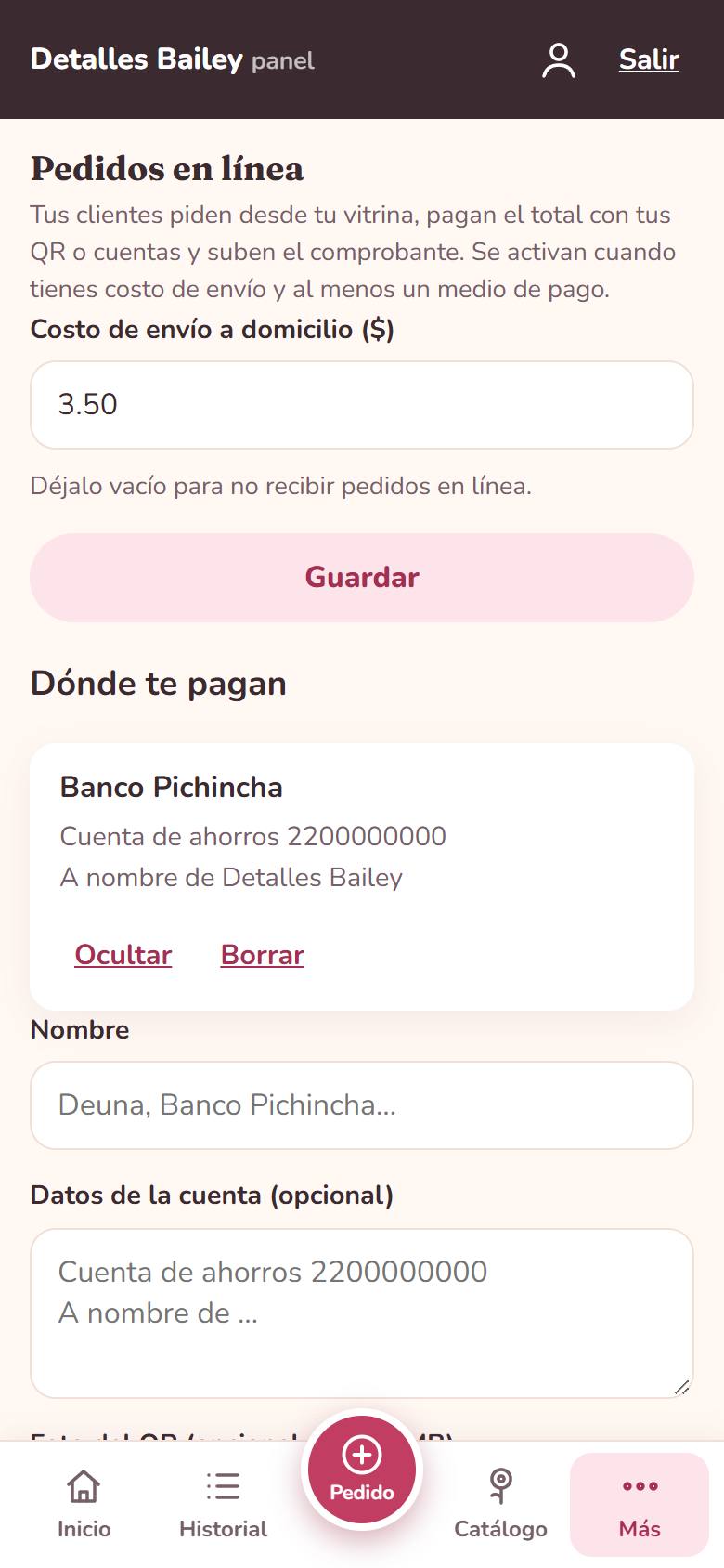 Ajustes de pedidos en línea y medios de pago