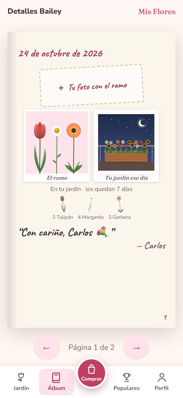 Página del álbum con el ramo, el jardín ese día y el mensaje