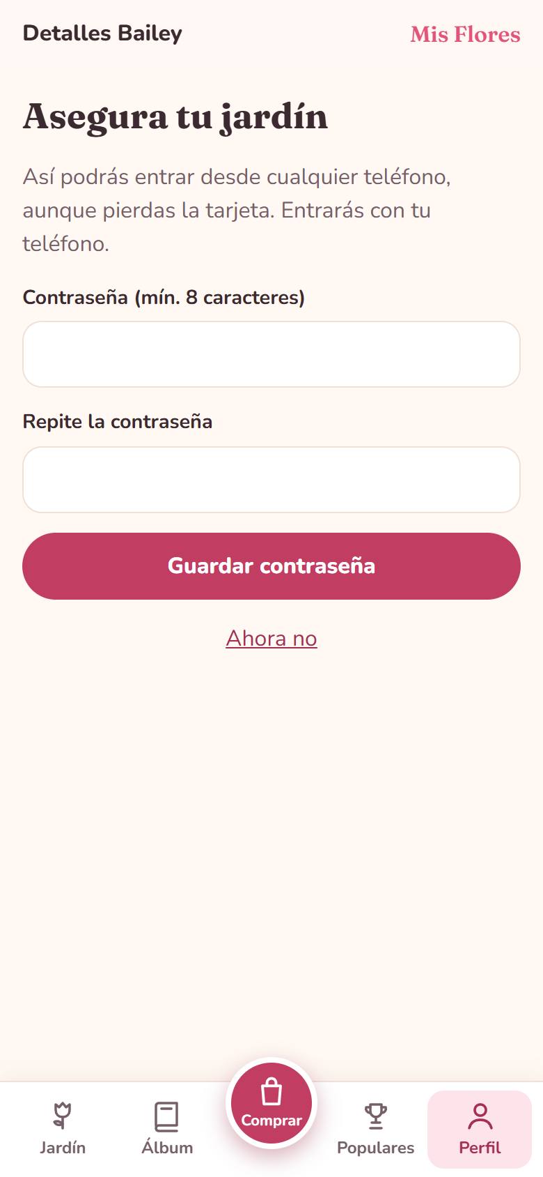 Pantalla Asegura tu jardín para crear una contraseña
