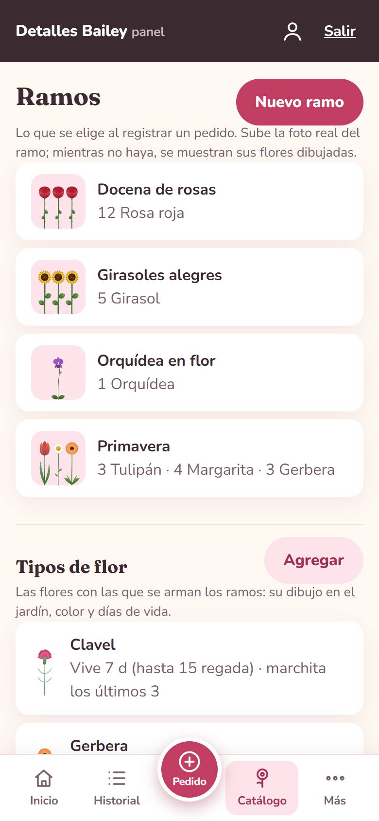 Catálogo con ramos y tipos de flor