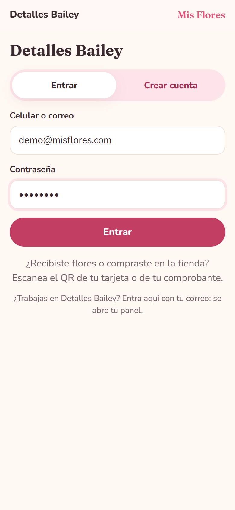 Pantalla Entrar de la florería con correo y contraseña