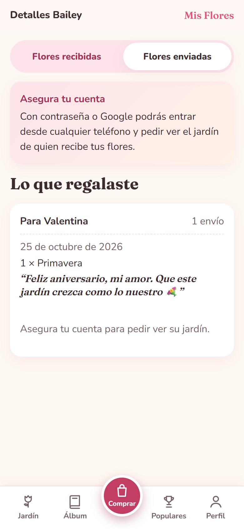 Flores enviadas: lo que regalaste a Valentina