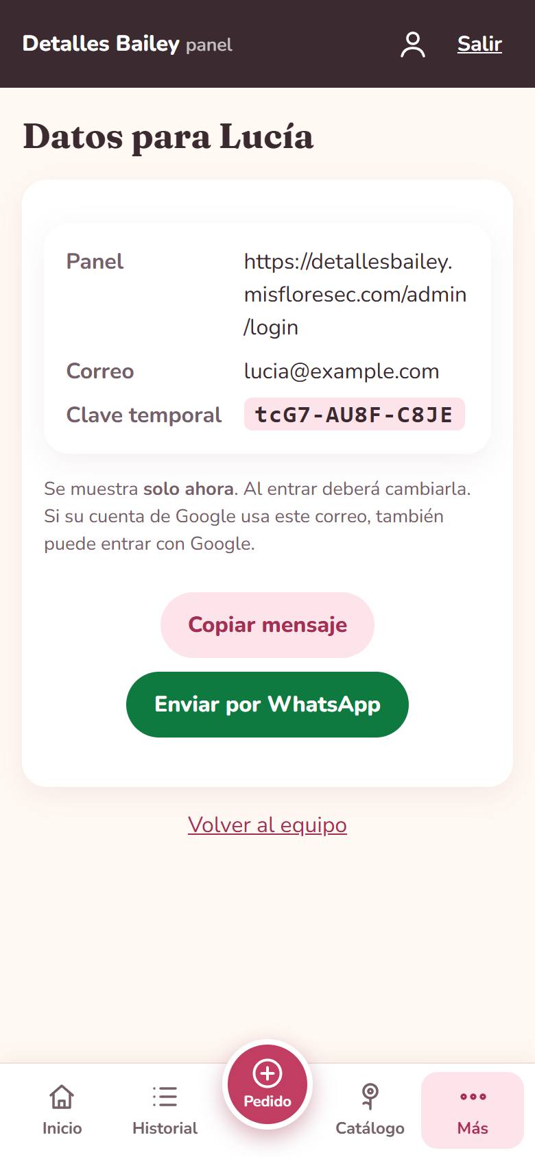 Datos de acceso de una vendedora con su clave temporal