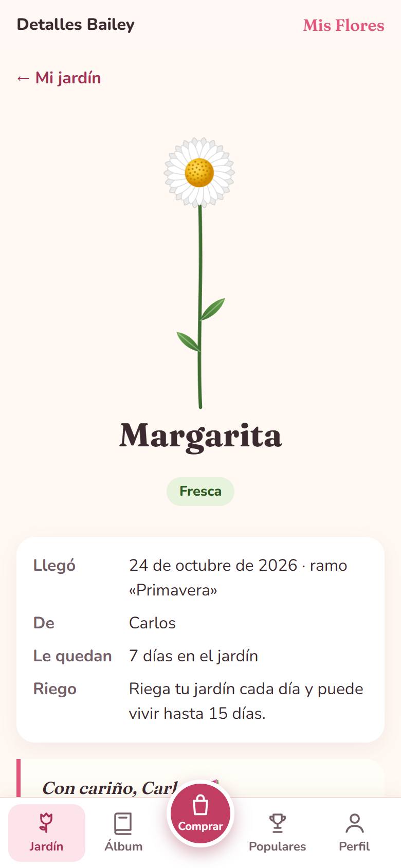 Detalle de una margarita con fecha de llegada y días que le quedan
