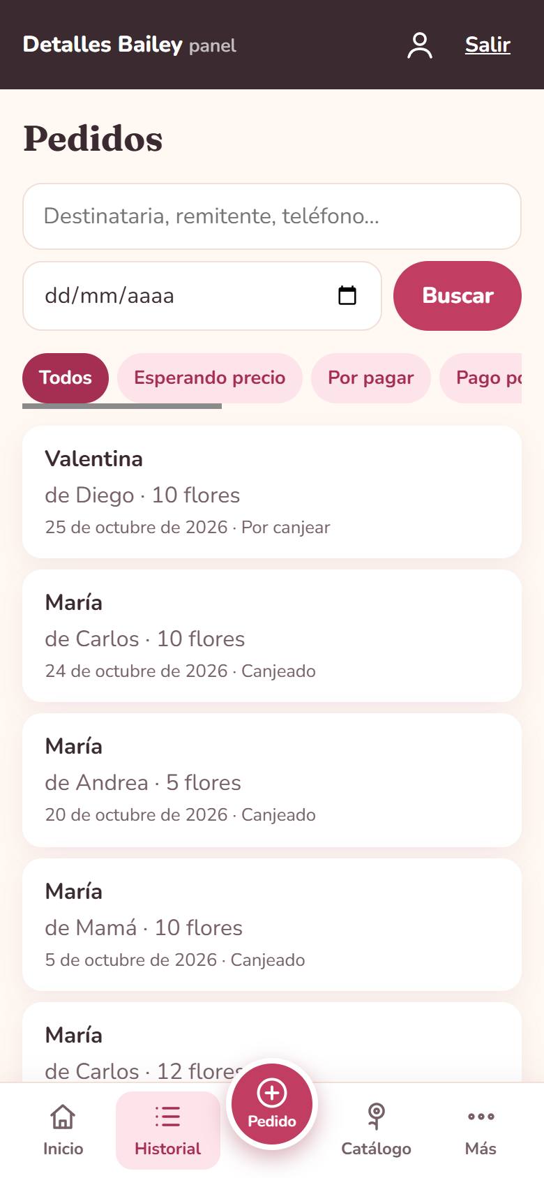 Historial de pedidos con buscador y filtros