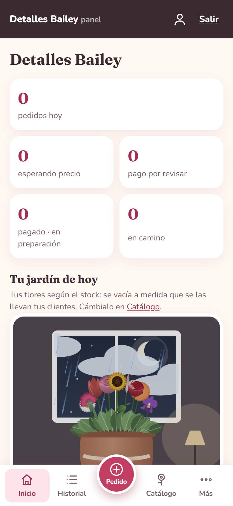 Inicio del panel con las cifras del día y el jardín de la tienda