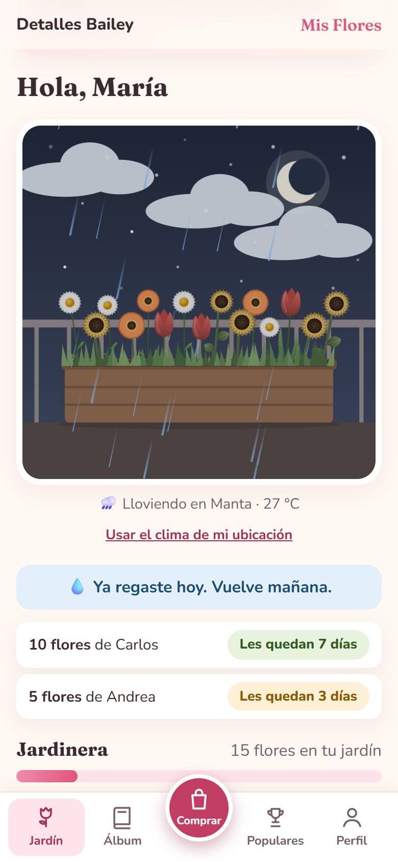 Jardín con jardinera llena de flores bajo la lluvia