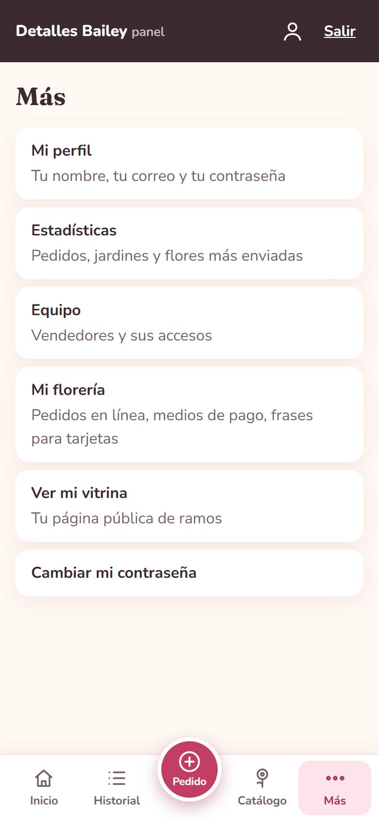 Menú Más del panel