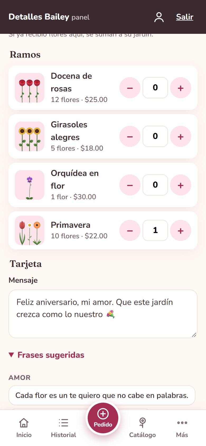 Nuevo pedido: ramos elegidos y mensaje de la tarjeta