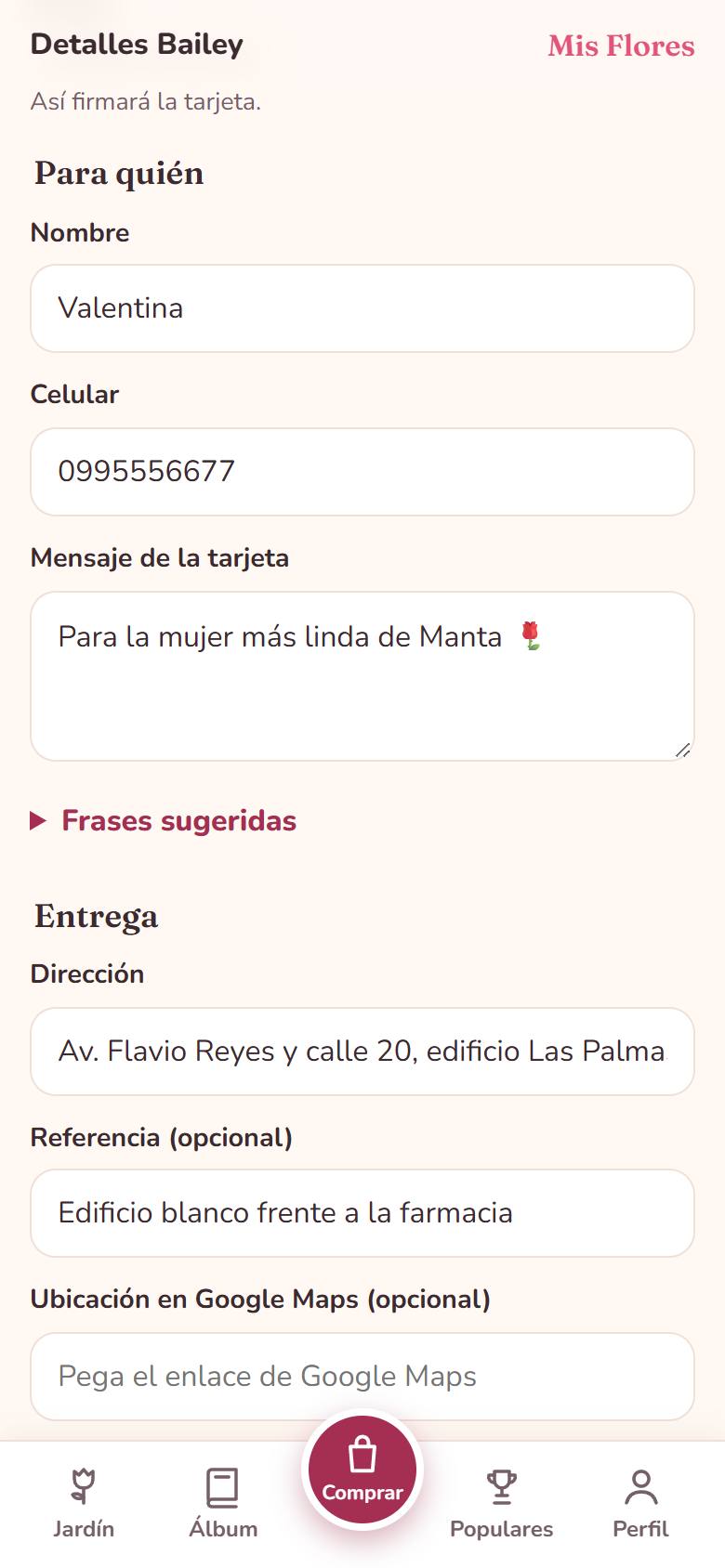Confirmar compra: para quién, mensaje y dirección
