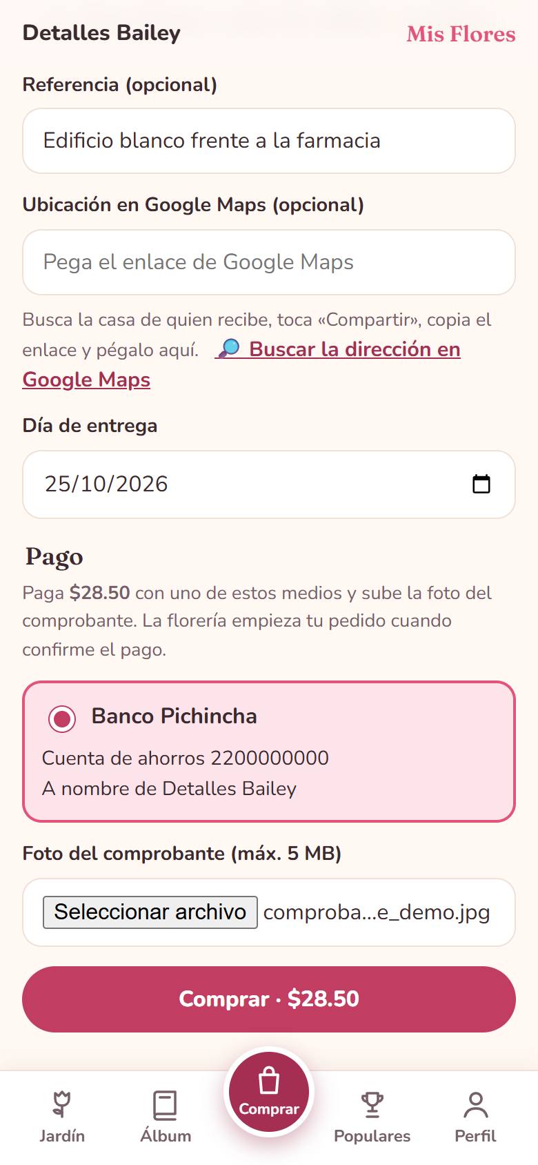 Pago con medio elegido y foto del comprobante