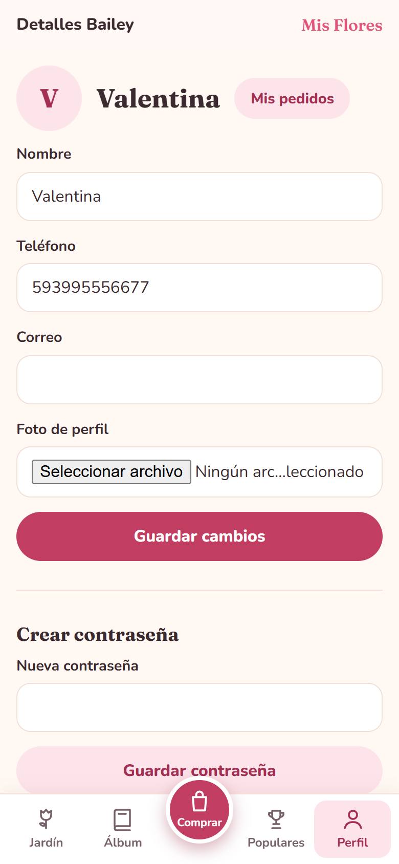 Perfil con nombre, teléfono, correo, foto y contraseña