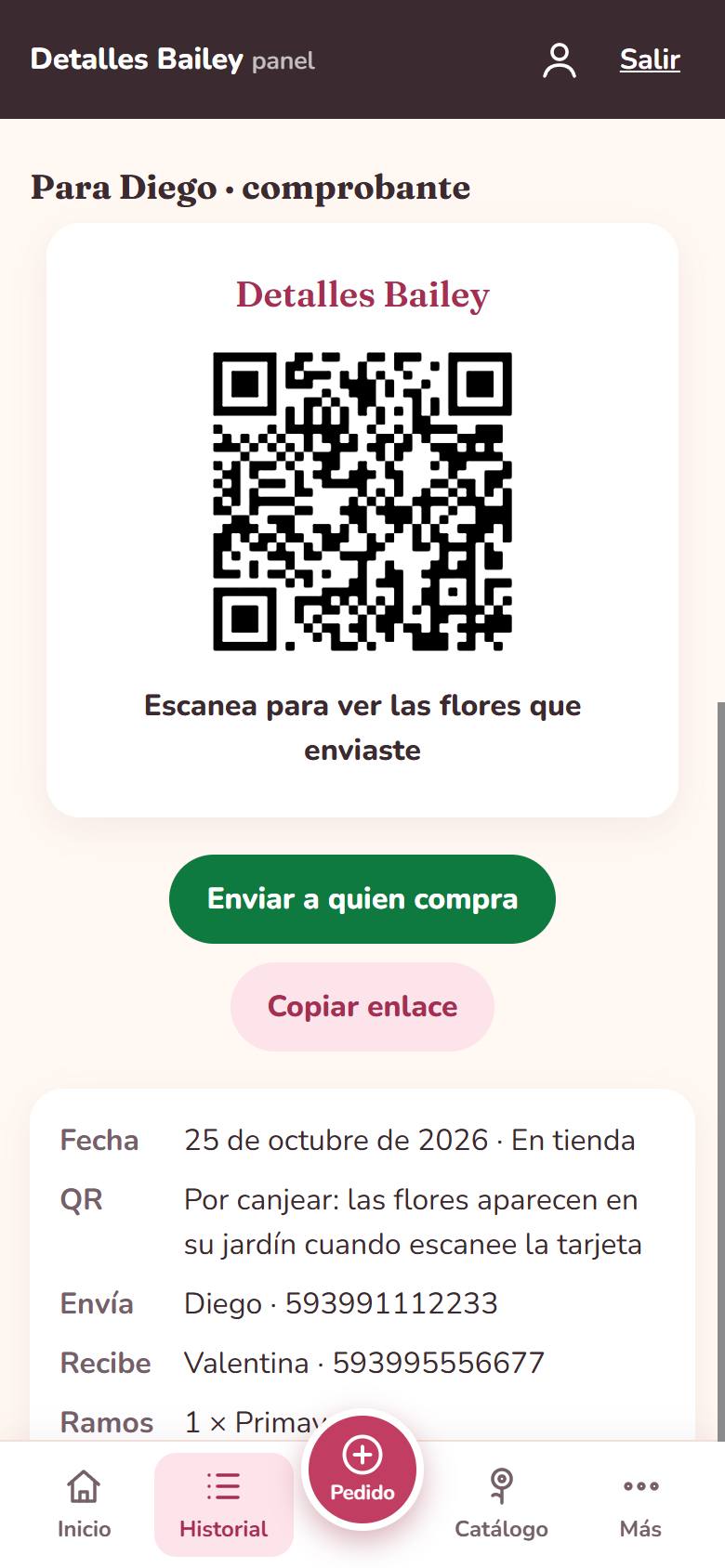 QR del comprobante para quien envía y datos del pedido