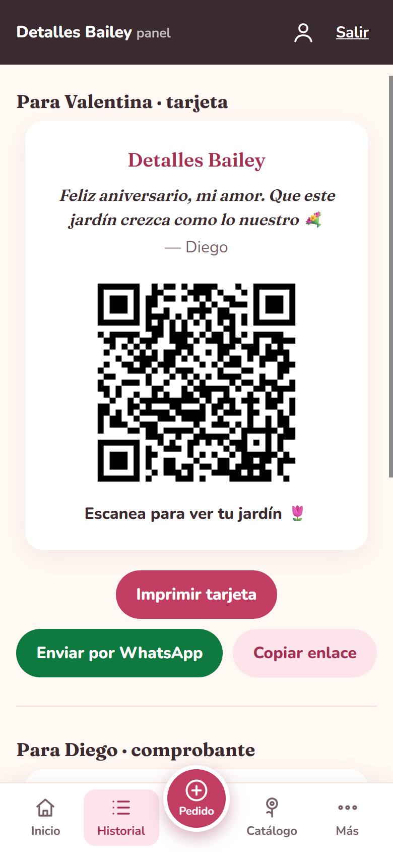 QR de la tarjeta para quien recibe, con el mensaje