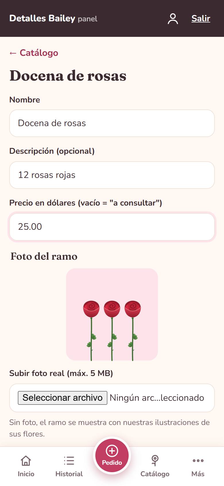 Formulario de un ramo con nombre, precio y foto