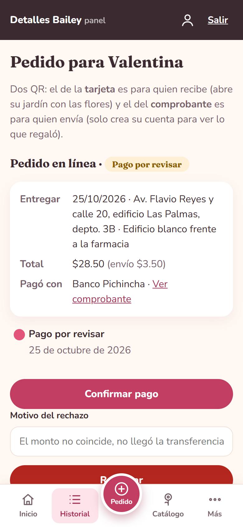 Pedido en línea con pago por revisar, botones Confirmar pago y Rechazar