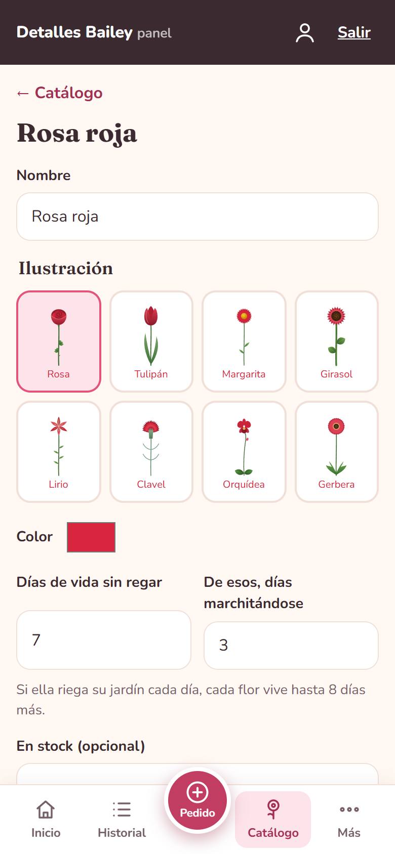 Formulario de un tipo de flor con ilustración, color y días de vida