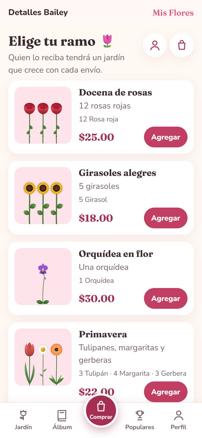 Vitrina de la florería con ramos, precios y botón Agregar